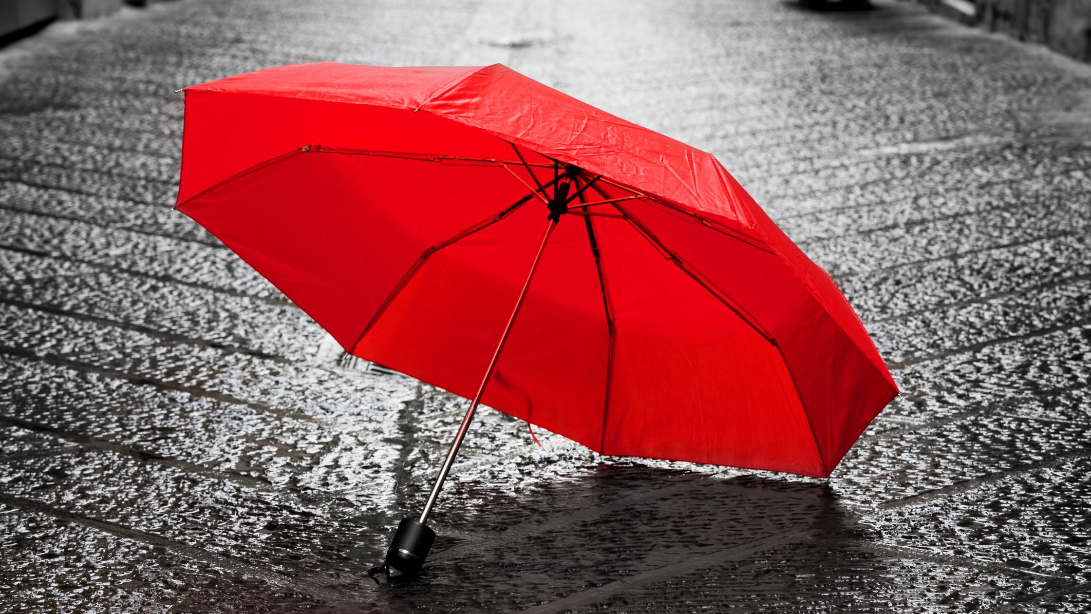 Ein einzelnen roter Regenschirm auf einer grauen Gasse.