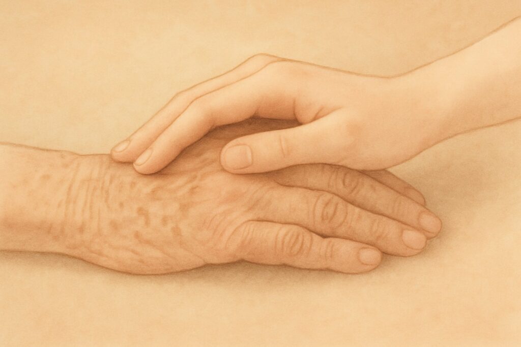Zwei rechte Hände in stilisierter Darstellung: Eine ältere Hand mit sichtbaren Altersmerkmalen wird von einer jüngeren Hand sanft umschlossen. Der Hintergrund ist ruhig und weich.