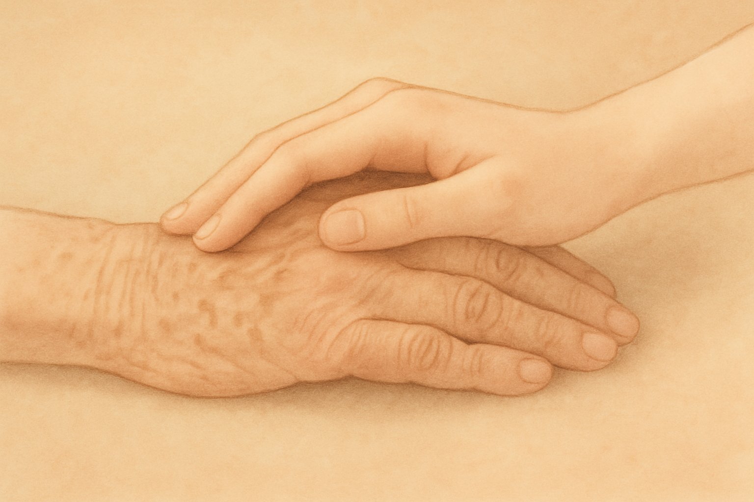 Zwei rechte Hände in stilisierter Darstellung: Eine ältere Hand mit sichtbaren Altersmerkmalen wird von einer jüngeren Hand sanft umschlossen. Der Hintergrund ist ruhig und weich.
