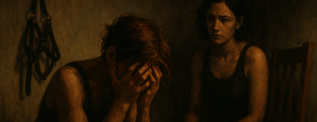 Zwei Personen in einem dunklen Raum. Eine Person sitzt mit gesenktem Kopf und bedeckt das Gesicht mit den Händen. Die andere sitzt etwas entfernt und schaut in ihre Richtung. An der Wand hängen schwarze Lederriemen.