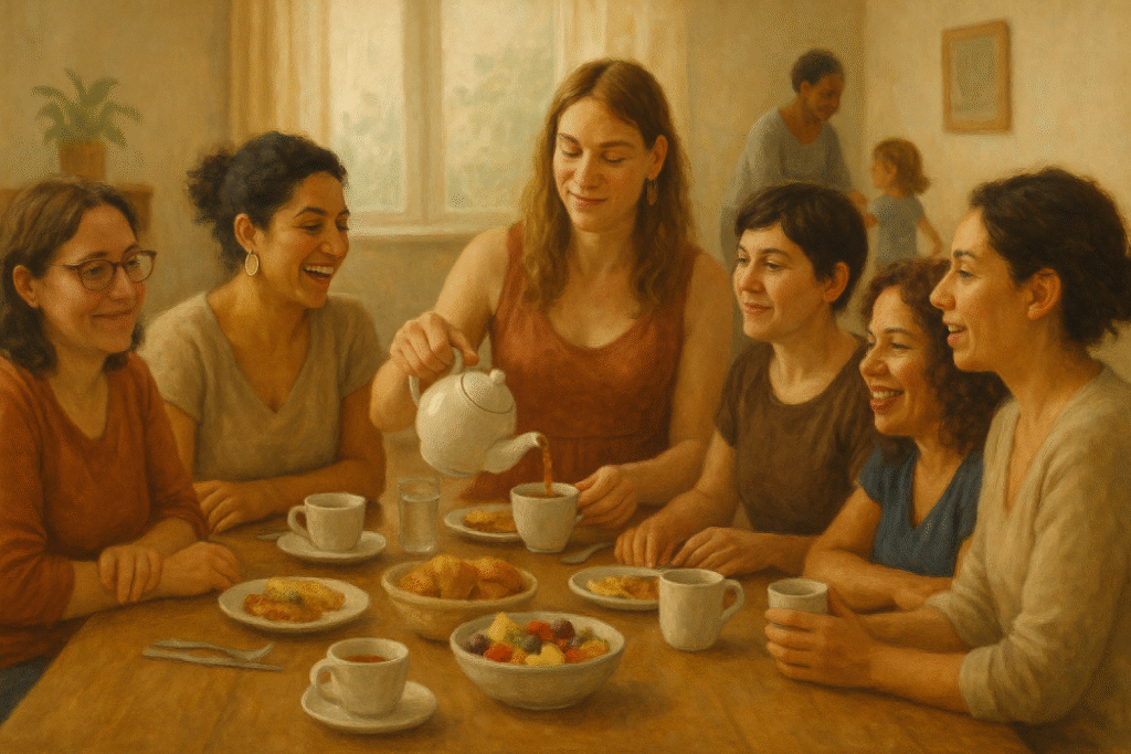 Eine Gruppe von sechs Frauen und nicht-binären Personen sitzt an einem Holztisch beim Brunch. In der Mitte wird Tee eingeschenkt, auf dem Tisch stehen Tassen, Gläser und Schalen mit Gebäck und Obst. Einige lächeln, zwei lachen. Im Hintergrund betreuen zwei weitere Personen ein Kind.