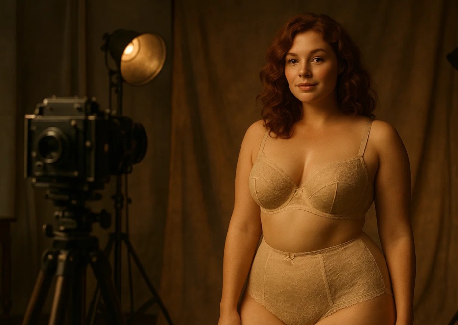 Eine kurvige Frau mit schulterlangen roten Haaren steht in einem Fotostudio vor einem braunen Stoffhintergrund. Sie trägt hautfarbene, spitzenverzierte Vintage‑Unterwäsche. Links im Vordergrund steht eine große Studiokamera auf einem Stativ, im Hintergrund ist ein Studiolicht zu sehen.